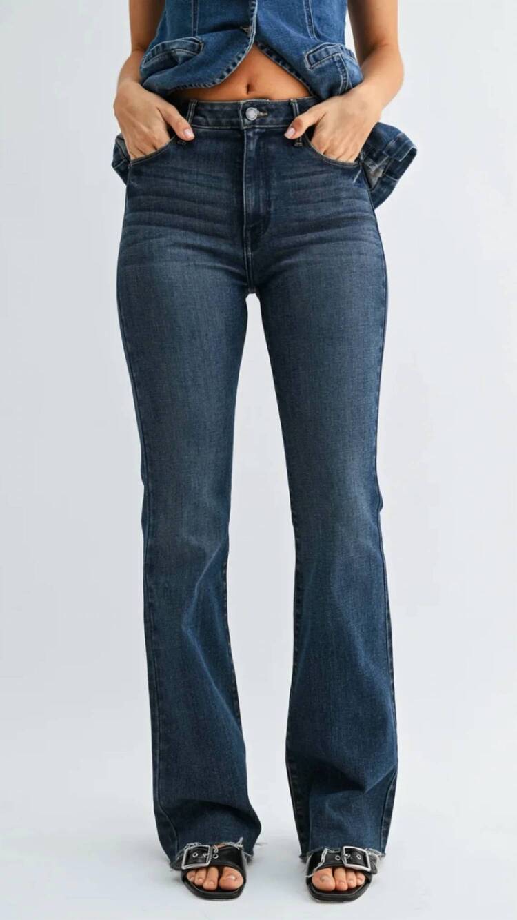 NEW JUST BLACK DENIM high rise scissor cut full length flare jeans in dark wash